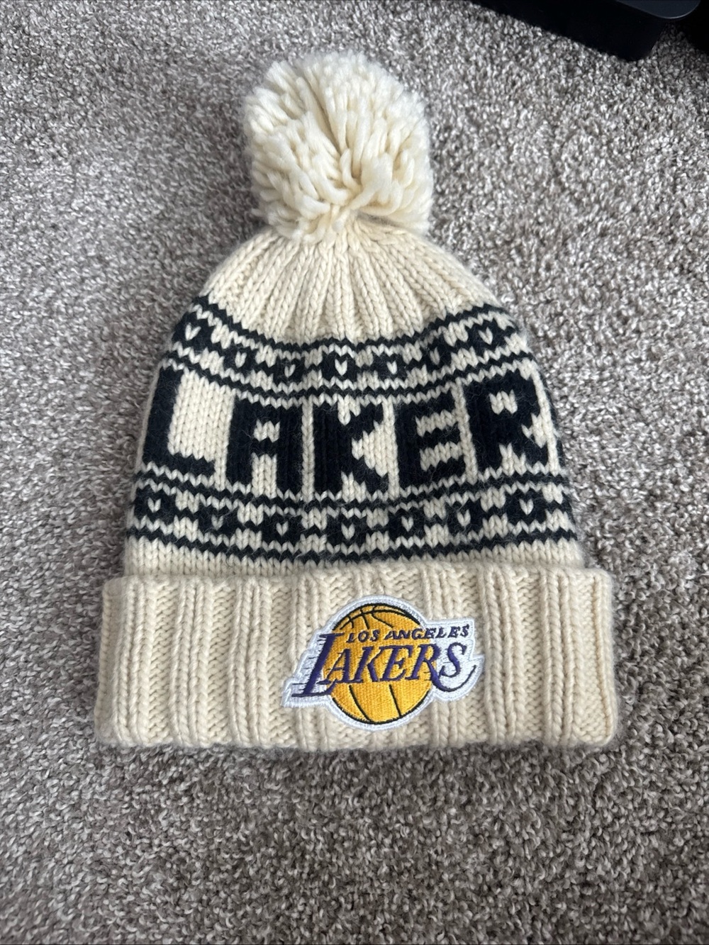 LA Los Angeles lakers Pom Beanie - Cream and Black NBA